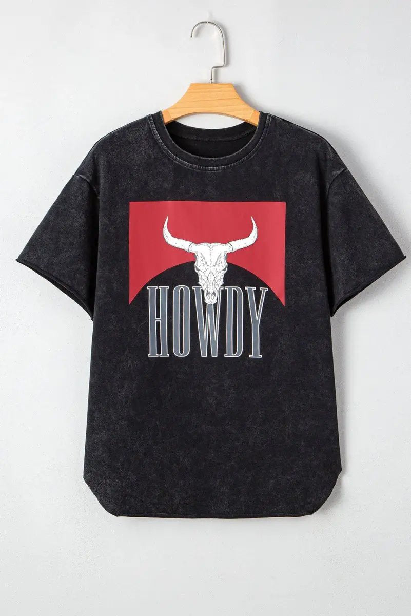 Black Western HOWDY Steer Head Print Side Slits T Shirt - Love Salve